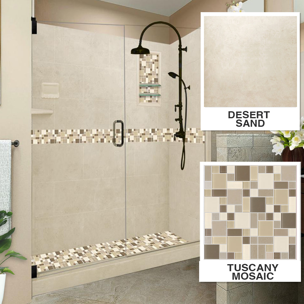 60" Alcove Desert Sand Sistine Stone & Tuscany Mosaic Accent Shower Remodel Kit