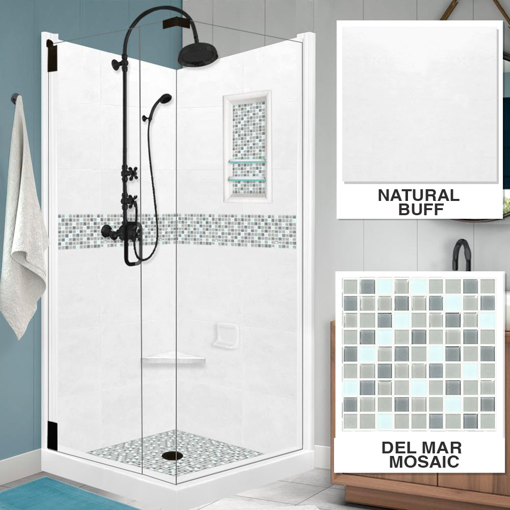 Corner Natural Buff Sistine Stone & Del Mar Mosaic Accent Shower Remodel Kit