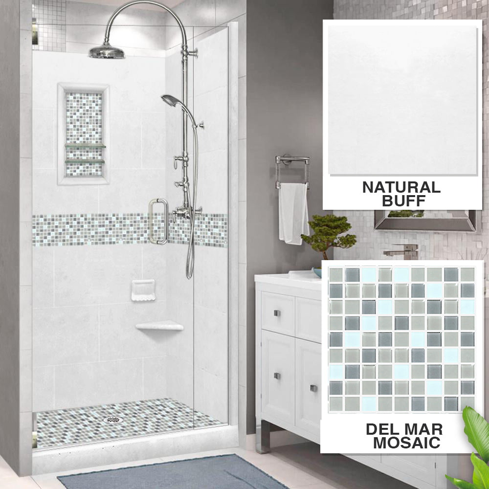 Alcove Natural Buff Sistine Stone & Del Mar Mosaic Accent Shower Remodel Kit