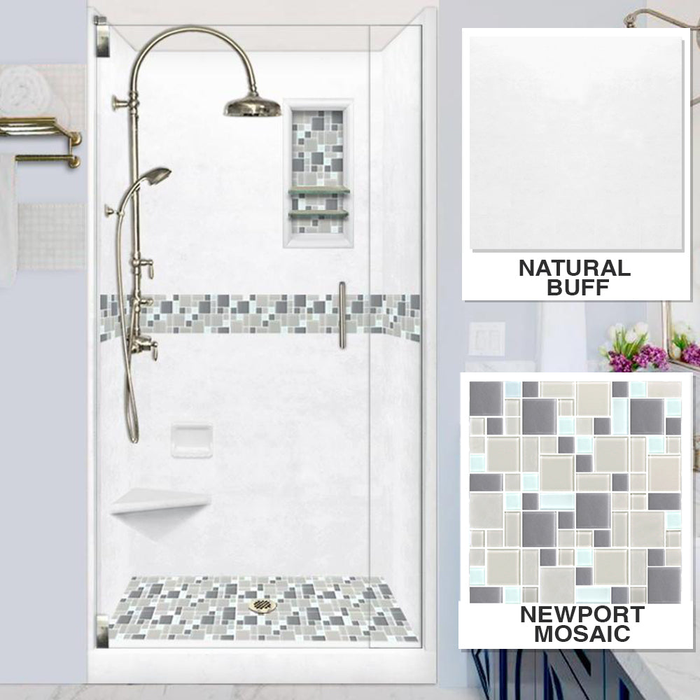 Alcove Natural Buff Sistine Stone & Newport Mosaic Accent Shower Remodel Kit