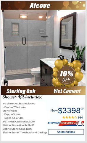 Lifeproof-Sterling Oak Wet Cement  60" Alcove Stone Shower Enclosure Kit