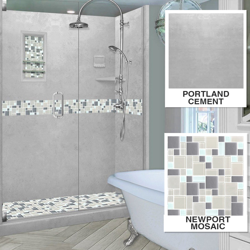 60" Alcove Portland Cement Sistine Stone & Newport Mosaic Accent Shower Remodel Kit