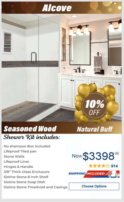 Lifeproof-Seasoned Wood Natural Buff  60" Alcove Stone Shower Enclosure Kit