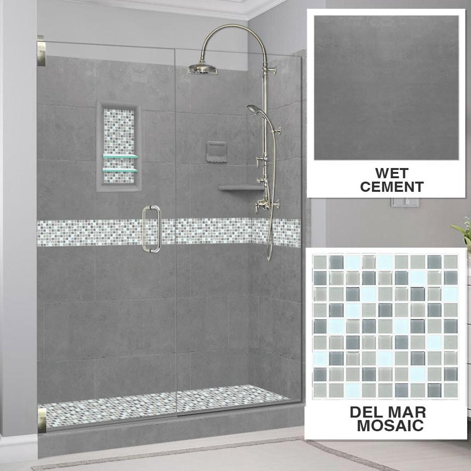 60" Alcove Wet Cement Sistine Stone & Del Mar Mosaic Accent Shower Remodel Kit