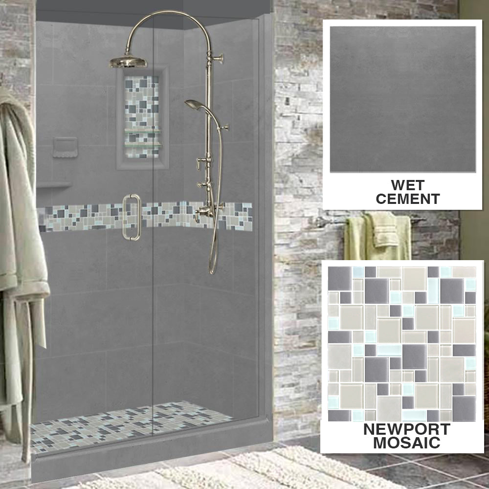 60" Alcove Wet Cement Sistine Stone & Newport Mosaic Accent Shower Remodel Kit