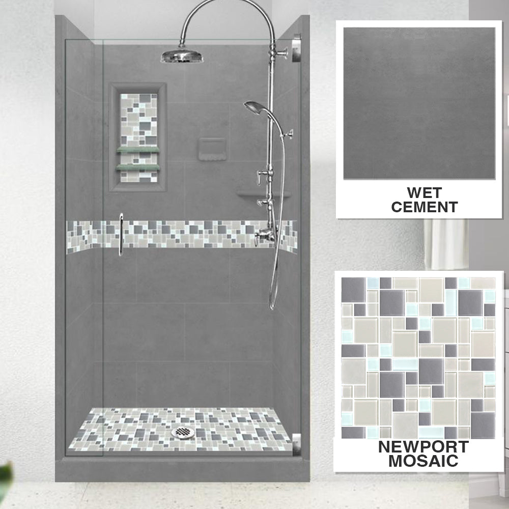 Alcove Wet Cement Sistine Stone & Newport Mosaic Accent Shower Remodel Kit