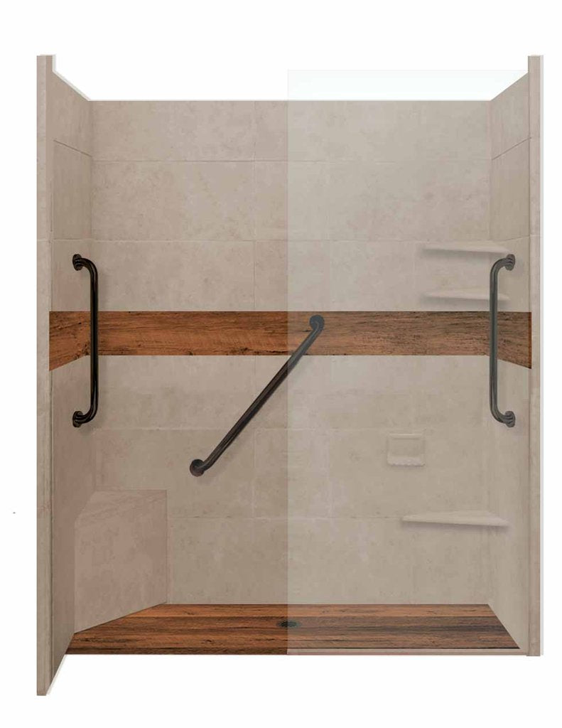 Burnt Oak Zero Thershold 60" Alcove LifeProof Flooring Wood Collection Shower Kits  Shower Kit - American Bath Factory