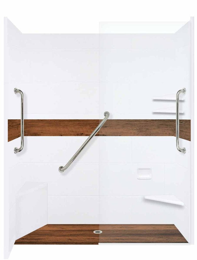 Burnt Oak Zero Thershold 60" Alcove LifeProof Flooring Wood Collection Shower Kits  Shower Kit - American Bath Factory