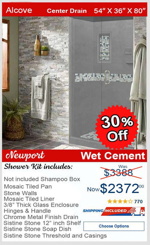 Clearance-54" X 36" Newport Mosaic Wet Cement Small Alcove Stone Shower Kit W/Glass Door