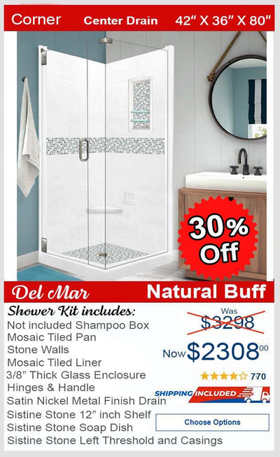 Clearance-42" X 36"  Natural Buff Del Mar Mosaic Corner Shower Kit