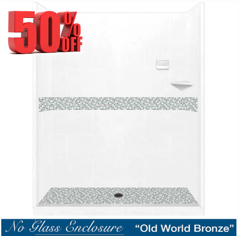 SPECIAL - 60" Alcove Natural Buff Sistine Stone & Del Mar Mosaic Accent ("DIY Shower Remodel Kit") (FREE Shampoo Niche)