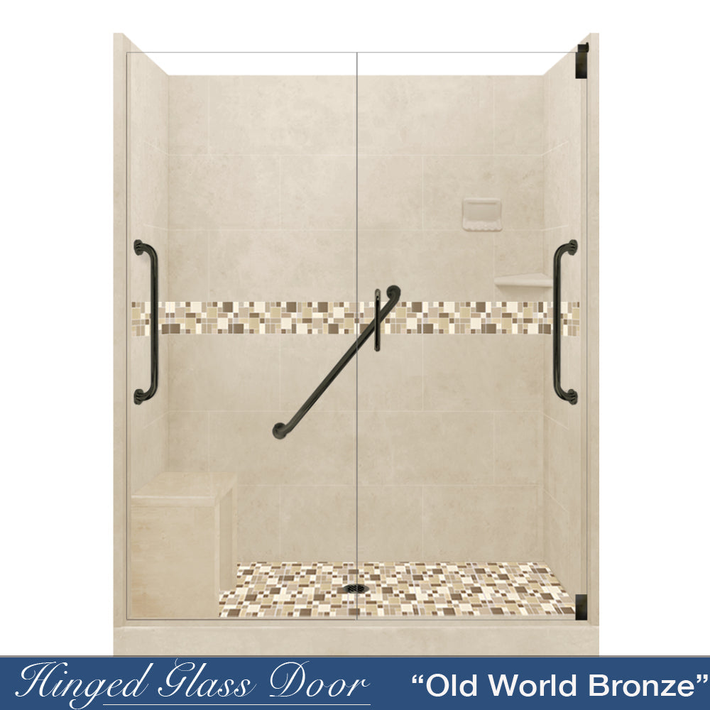 Limited Stock - Freedom 60" Alcove Desert Sand Sistine Stone & Tuscany Mosaic Accent Shower Remodel Kit (60X32 Right Drain)