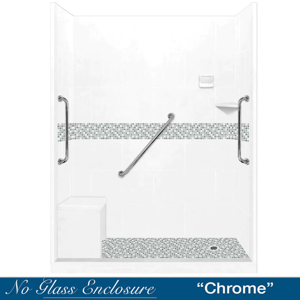 SPECIAL - 60" Alcove Natural Buff Sistine Stone & Del Mar Mosaic Accent ("DIY Shower Remodel Kit") (FREE Shampoo Niche)