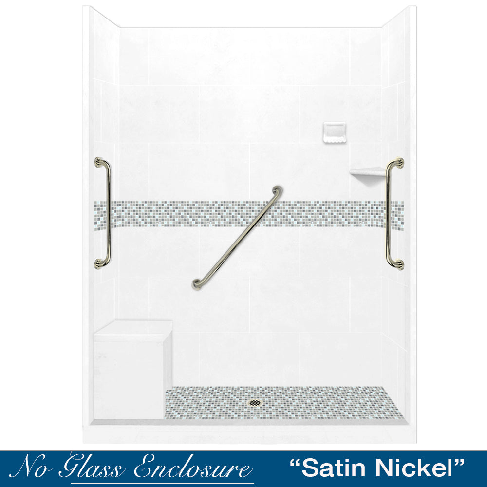 Alcove Custom Size Freedom Del Mar Mosaic Natural Buff 60" Stone Shower Kit (FREE F92 FAUCET & TILE NICHE)