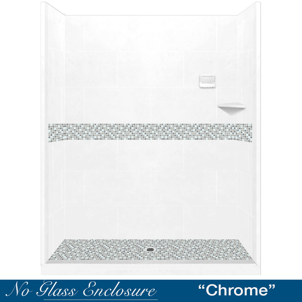 SPECIAL - 60" Alcove Natural Buff Sistine Stone & Del Mar Mosaic Accent ("DIY Shower Remodel Kit") (FREE Shampoo Niche)