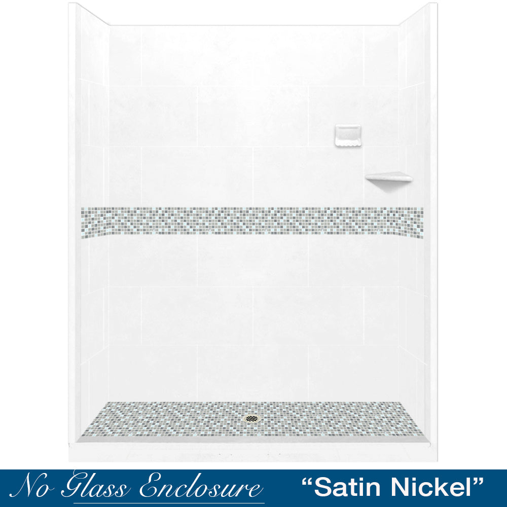 SPECIAL - 60" Alcove Natural Buff Sistine Stone & Del Mar Mosaic Accent ("DIY Shower Remodel Kit") (FREE Shampoo Niche)