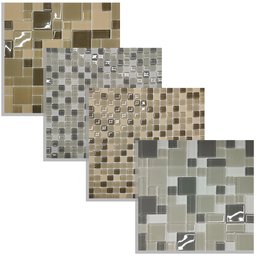 Set of 4 square mosaic tiles in various shades of brown called Roma and Tuscany mosaic, light and dark gray called Delmar and Newport mosaic on a white background.