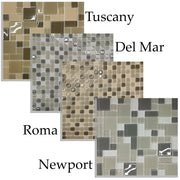 Set of 4 square mosaic tiles in various shades of brown called Roma and Tuscany mosaic, light and dark gray called Delmar and Newport mosaic on a white background.