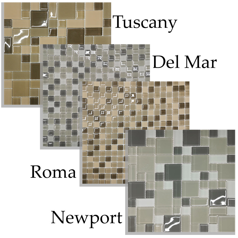 Set of 4 square mosaic tiles in various shades of brown called Roma and Tuscany mosaic, light and dark gray called Delmar and Newport mosaic on a white background.