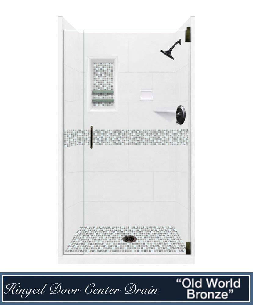 CLEARANCE-36" X 36" Natural Buff Del Mar Mosaic Small Alcove Stone Shower Kit W/Glass Door