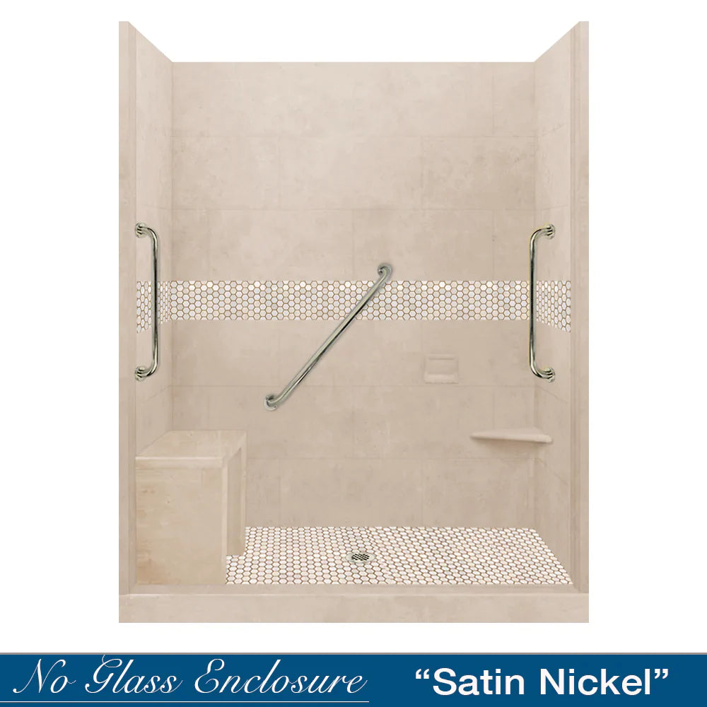 SPECIAL - 60" Alcove Desert Sand Sistine Stone & Honey Hex Mosaic Accent ("DIY Shower Remodel Kit") (FREE - Shampoo Niche)
