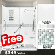 SPECIAL - 60" Alcove Natural Buff Sistine Stone & Del Mar Mosaic Accent ("DIY Shower Remodel Kit") (FREE Shampoo Niche)