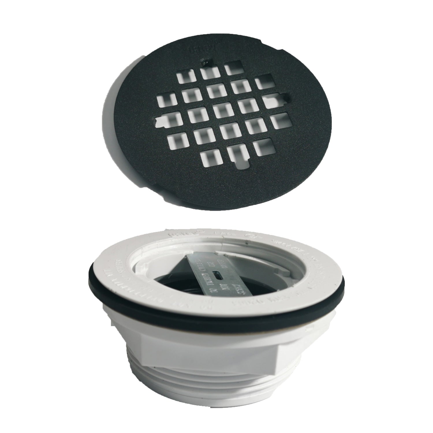 Drain cover with black grid top and white base on a white background