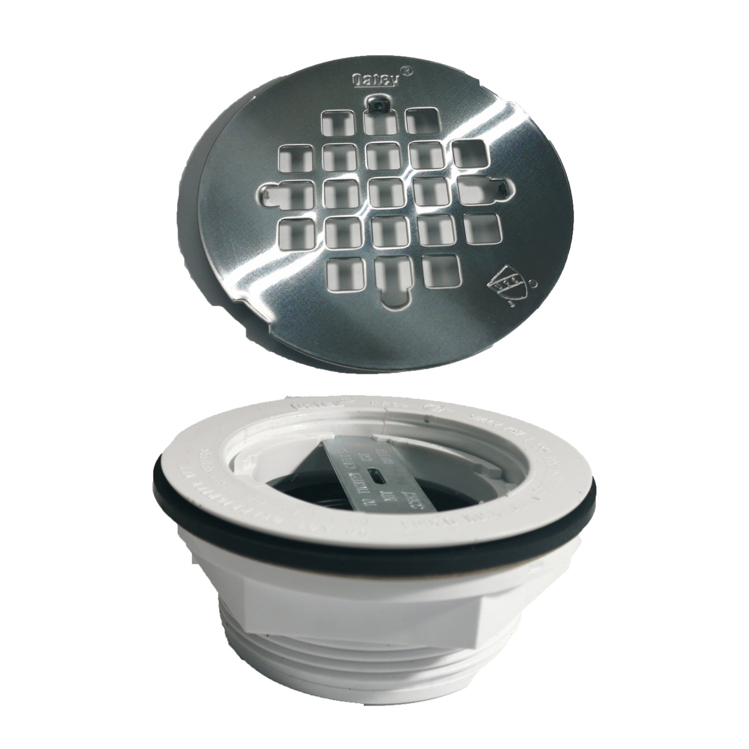 Metallic shower drain cover Chrome finish with grid pattern on a white background