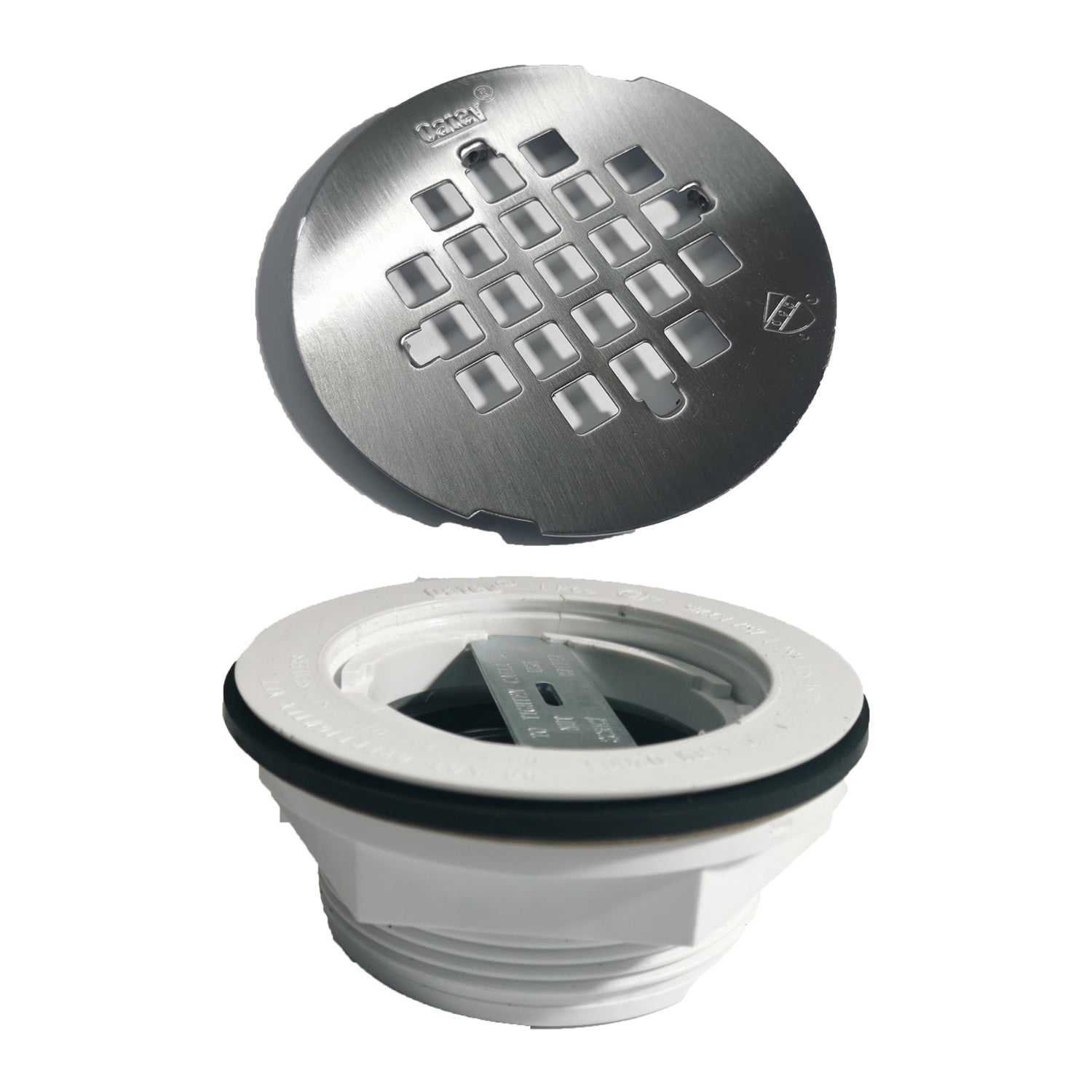 Metallic shower drain cover Satin nickel finish with grid pattern on a white background 