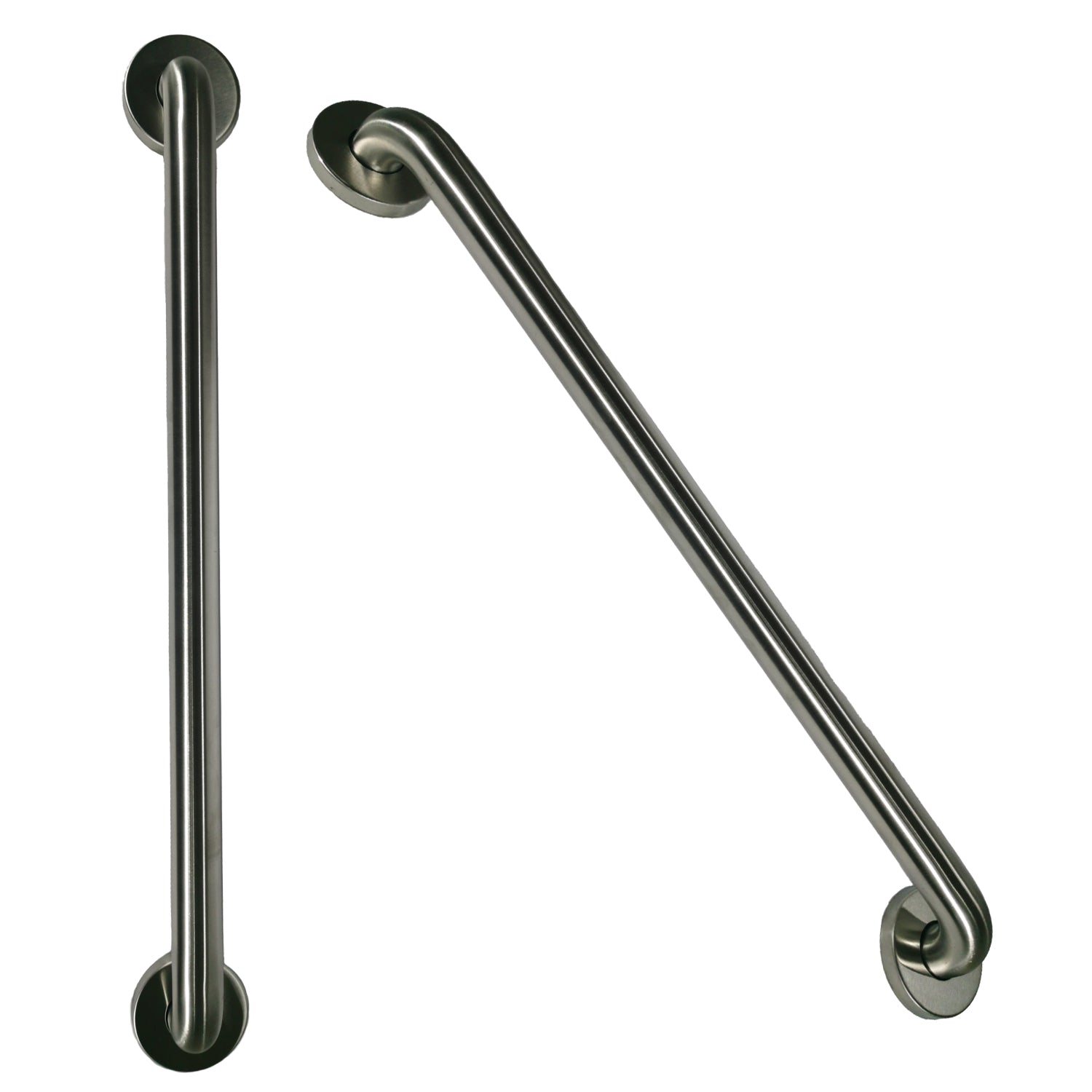 Two stainless steel grab bars on a white background