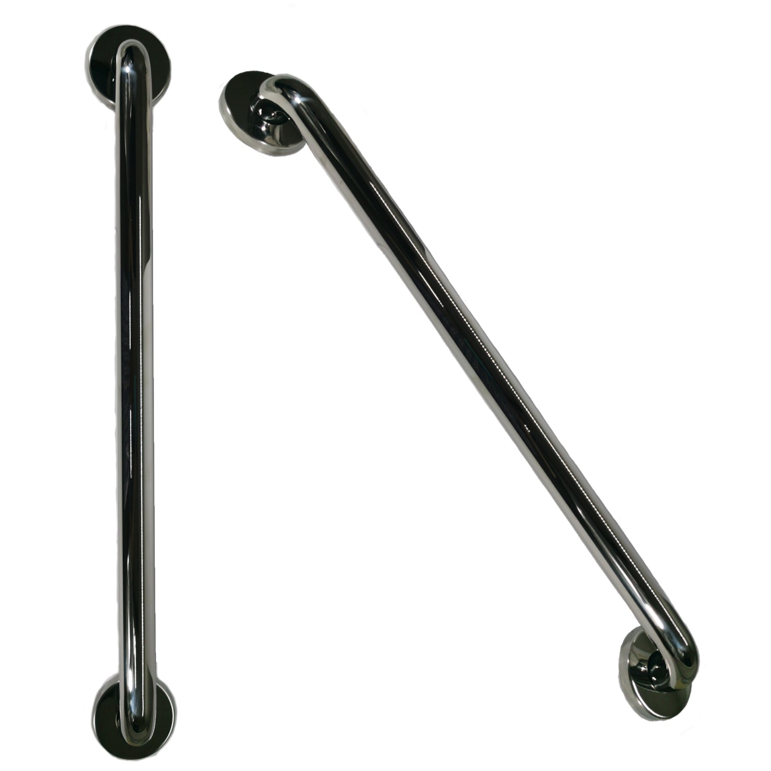Two chrome grab bars on a white background