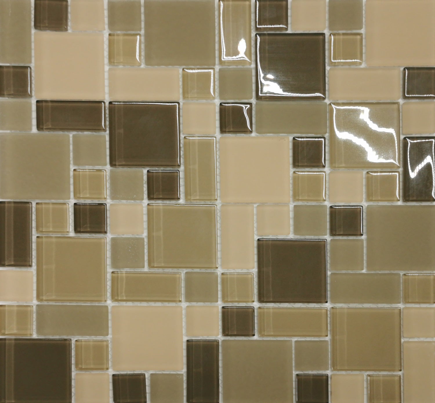 Pattern of square tiles in various shades of brown and beige called Tuscany mosaic.