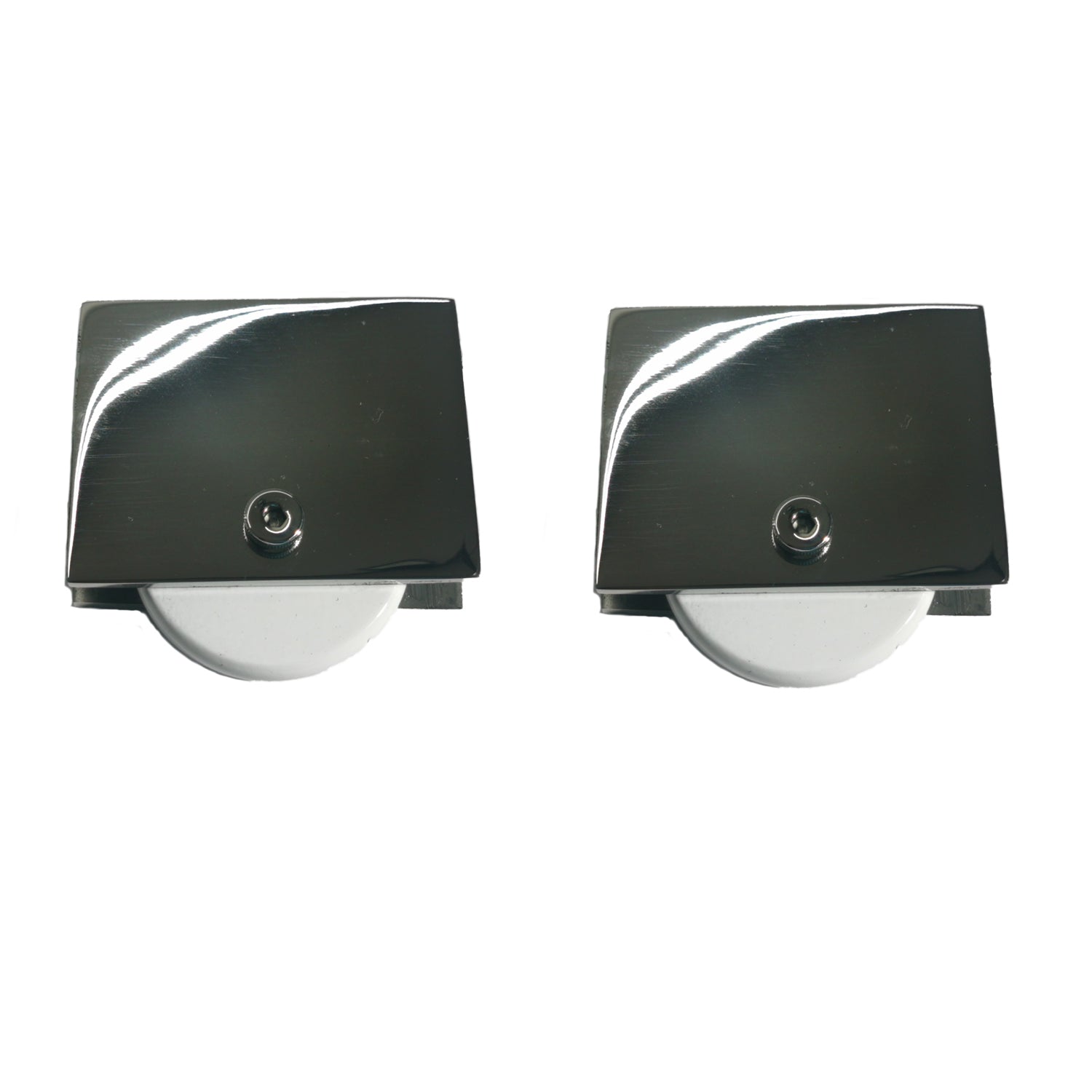 Two Chrome rectangular metal objects with metal wheels on a white 