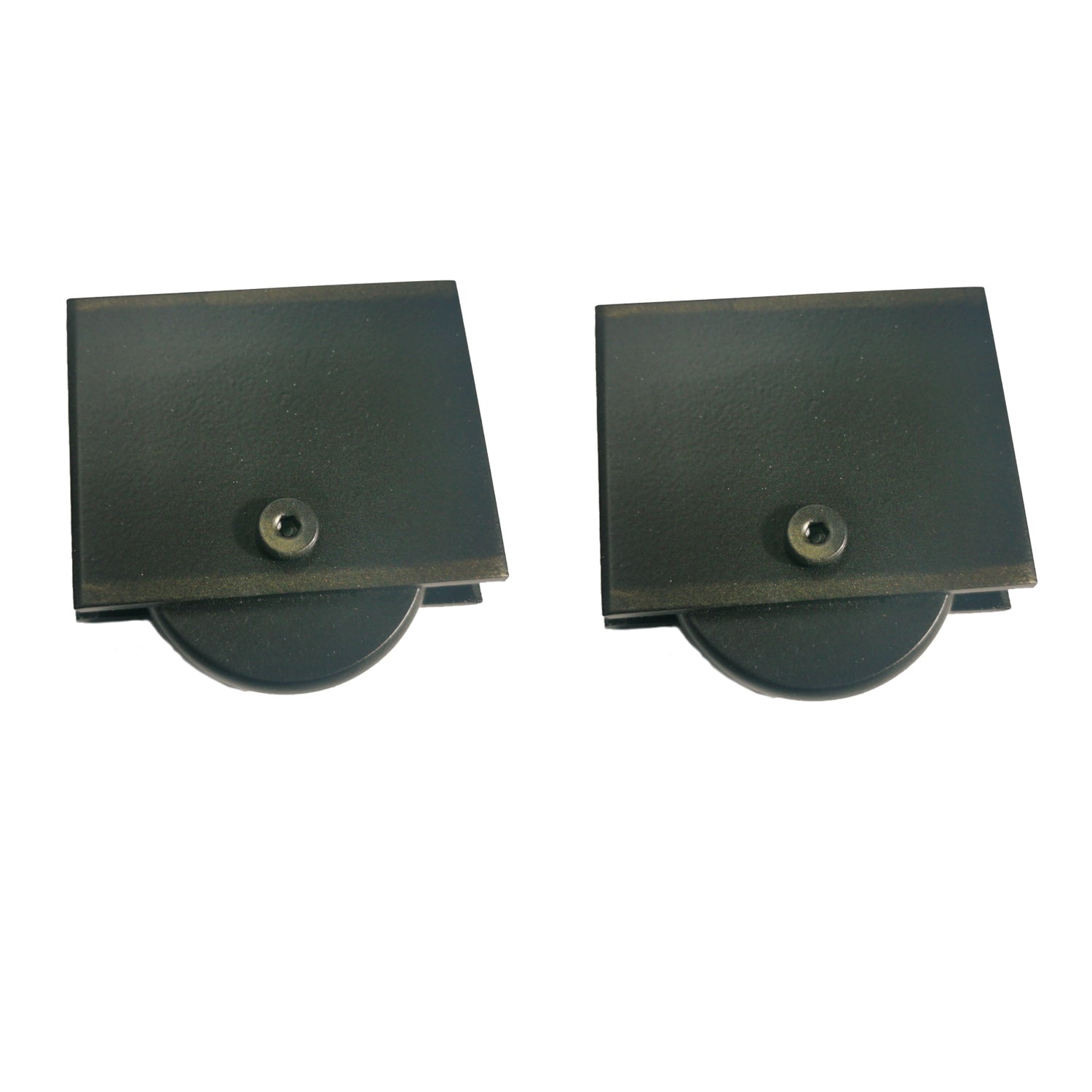 Two black rectangular metal objects with metal wheels on a white 