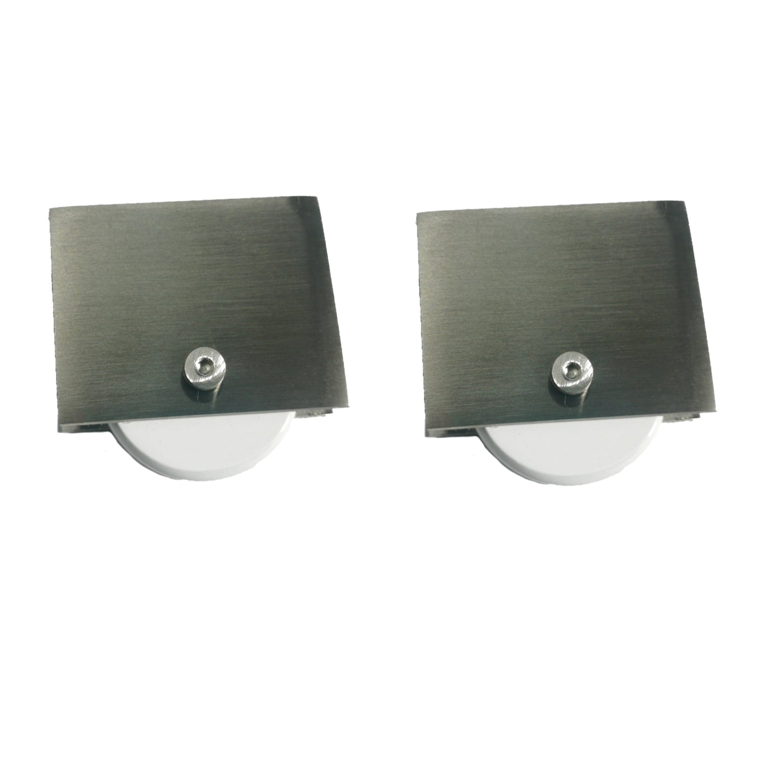 Two Satin nickel rectangular metal objects with metal wheels on a white 