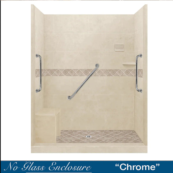 SPECIAL- Freedom 60" Alcove Desert Sand Sistine Stone & Diamond Stone Accent ("DIY Shower Remodel Kit") (FREE - Shampoo Niche)