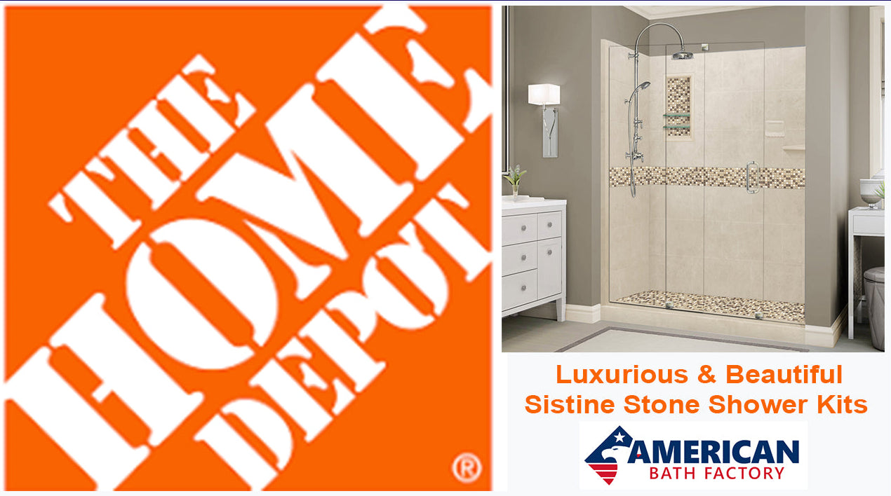 Home Depot logo with a bathroom shower kit advertisement featuring American Bath Factory.