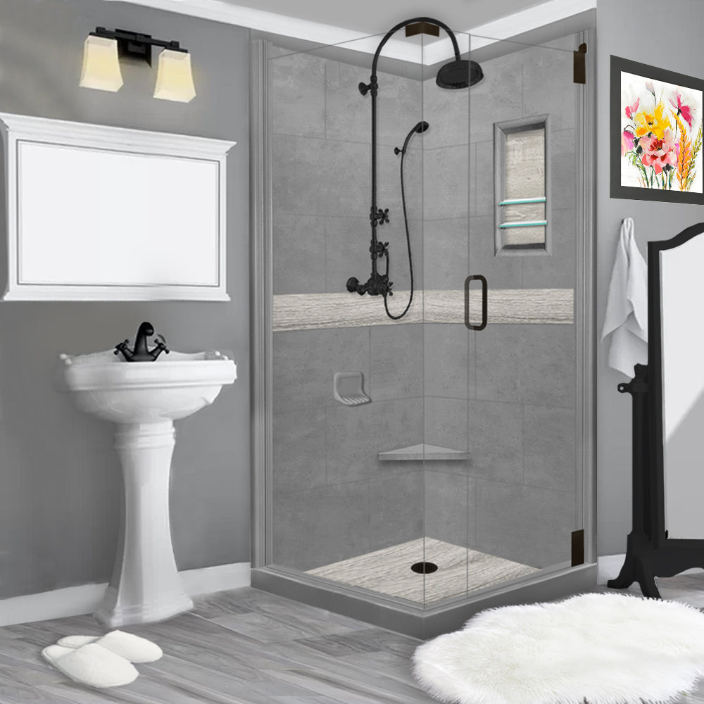Corner Wet Cement Sistine Stone & Sterling Oak Wood Accent ("DIY Shower Remodel Kit")