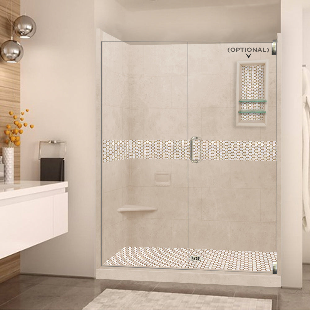 60" Alcove Brown Sugar Sistine Stone & Honey Hex Mosaic Accent ("DIY Shower Remodel Kit")