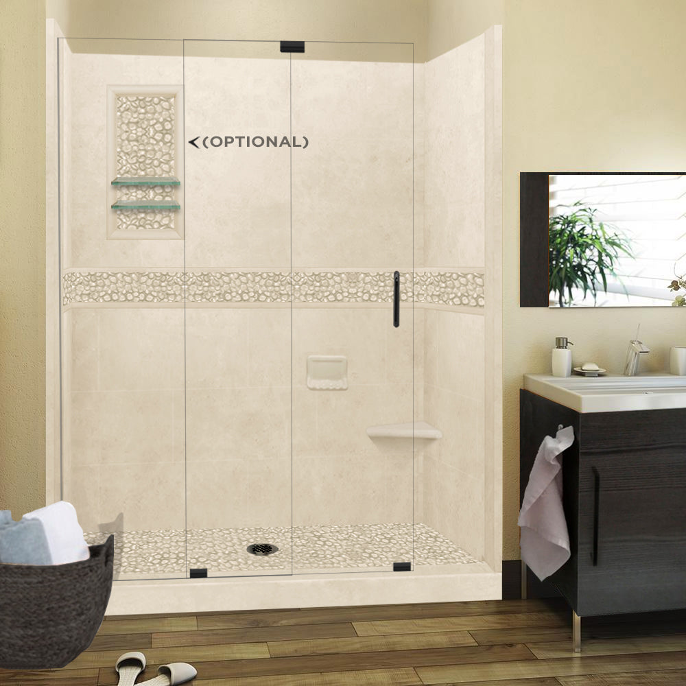 60" Alcove Desert Sand Sistine Stone & Pebble Stone Accent Shower Remodel Kit