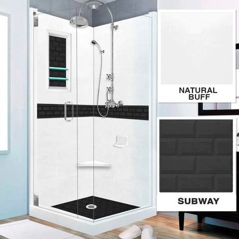 Natural Buff Corner Shower Enclosure Kit with Subway Black Accent