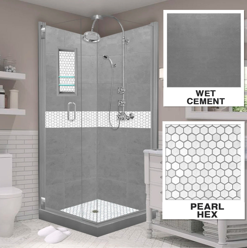 Corner Wet Cement Sistine Stone & Pearl Hex Mosaic Accent ("DIY Shower Remodel Kit")