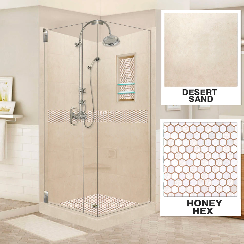 Corner Desert Sand Sistine Stone & Honey Hex Mosaic Accent ("DIY Shower Remodel Kit")
