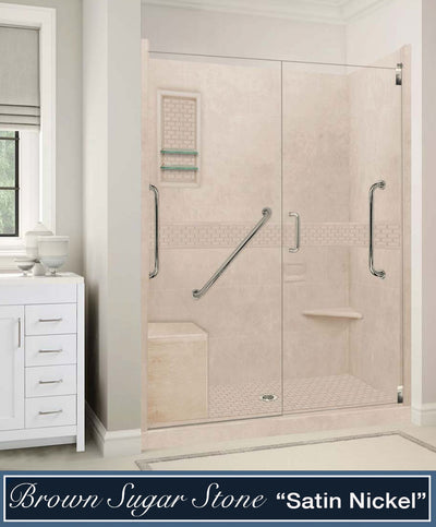 Stone Threshold, Casings and Pivot  Shower Door, Easy Remodel Kit