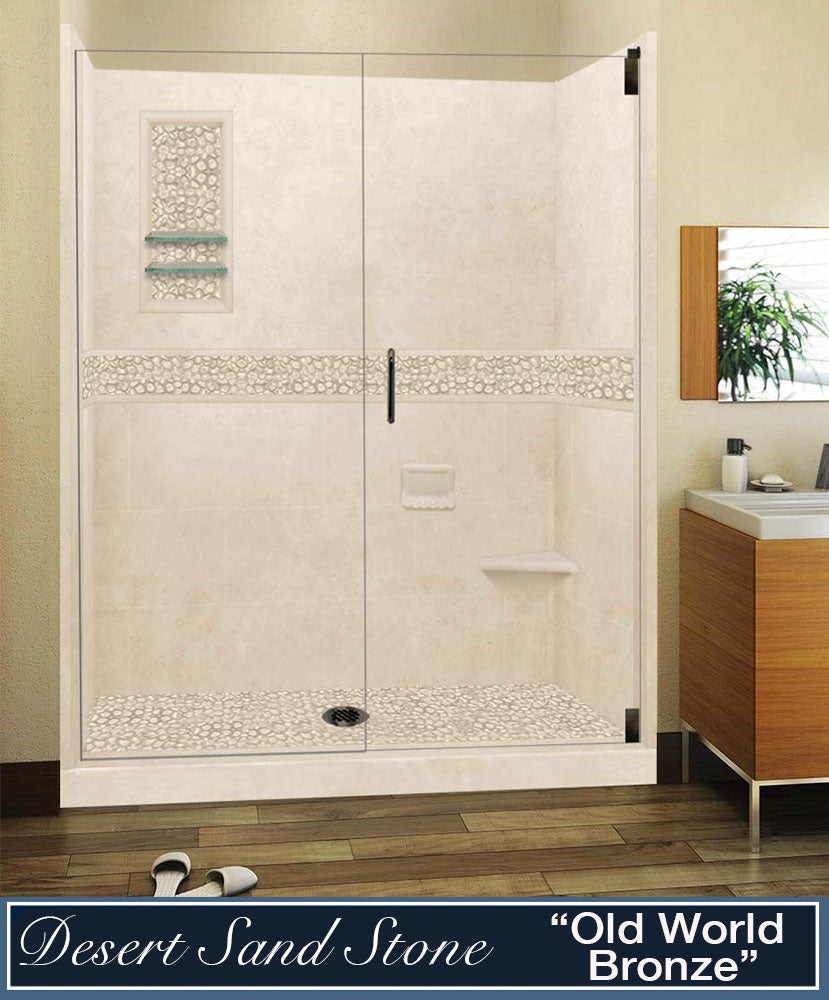 Stone Threshold, Casings and Pivot  Shower Door, Easy Remodel Kit