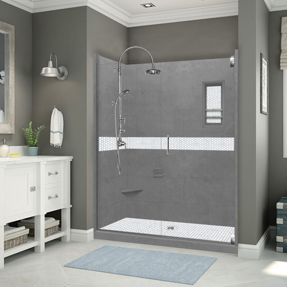 60" Alcove Wet Cement Sistine Stone & Pearl Hex Mosaic Accent ("DIY Shower Remodel Kit")