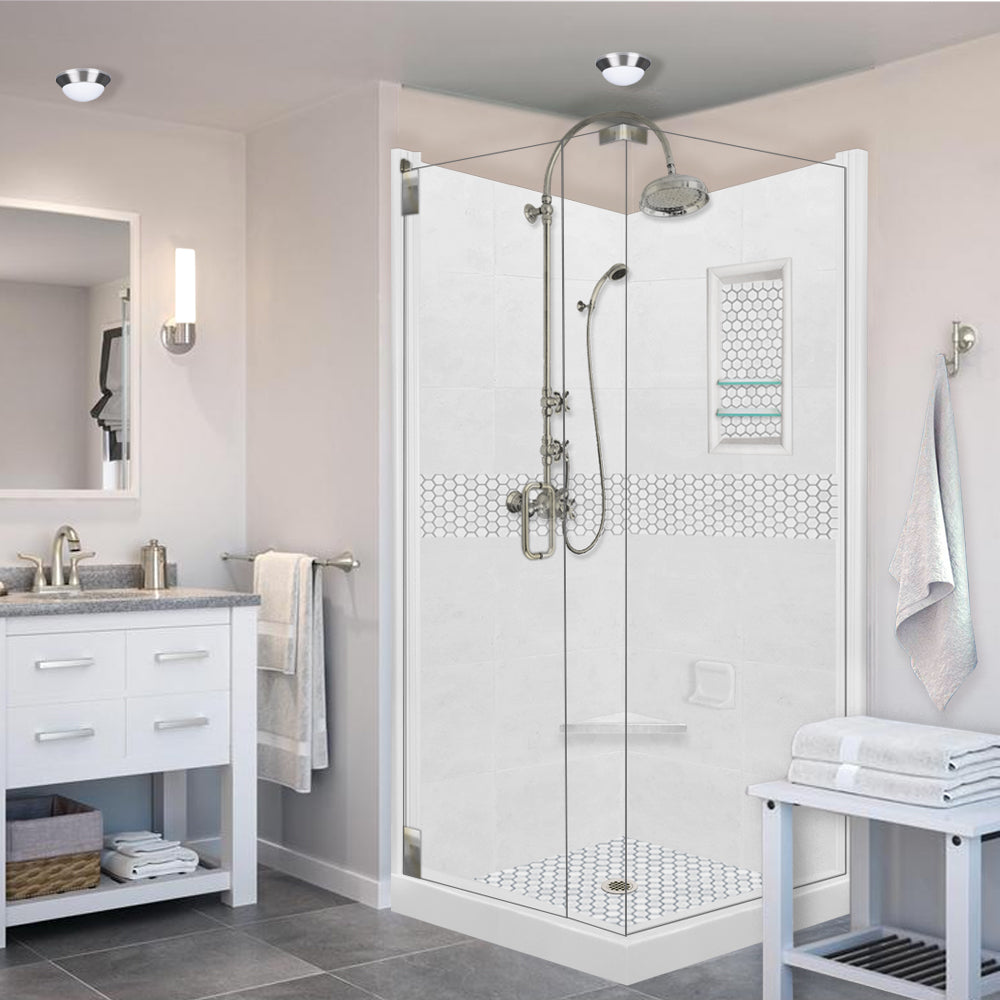Corner Natural Buff Sistine Stone & Pearl Hex Mosaic Accent ("DIY Shower Remodel Kit")