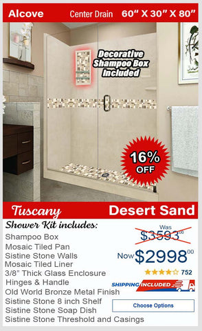 Clearance-60" X 30" Desert Sand Tuscany Mosaic Stone Shower Kit