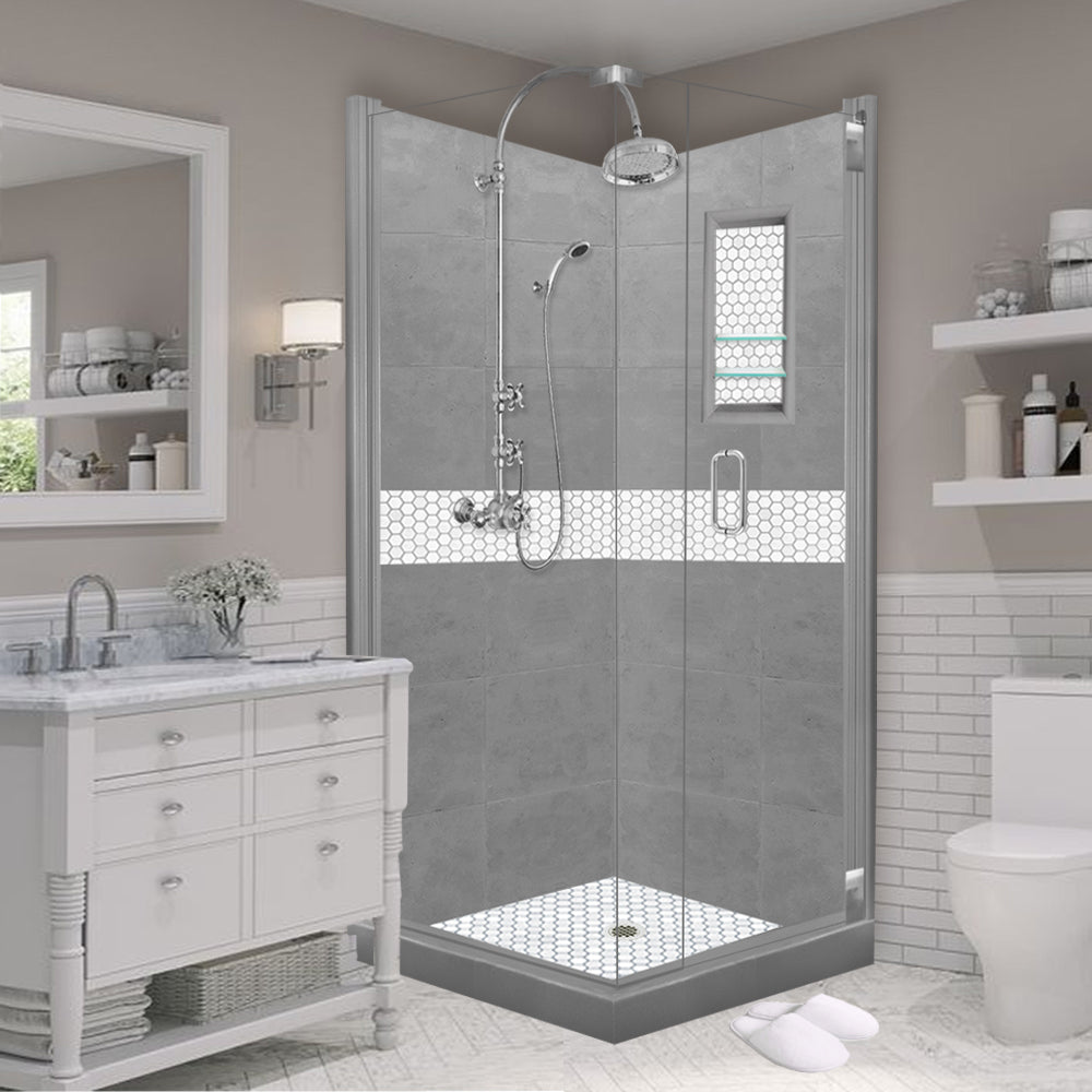 Corner Wet Cement Sistine Stone & Pearl Hex Mosaic Accent ("DIY Shower Remodel Kit")