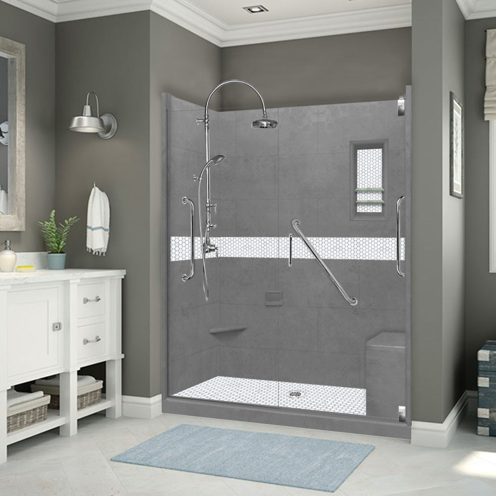 Freedom 60" Alcove Wet Cement Sistine Stone & Pearl Hex Mosaic Accent ("DIY Shower Remodel Kit")